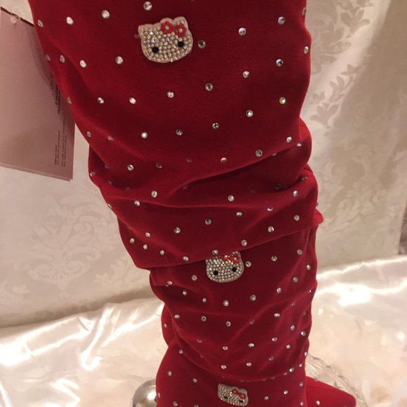 COPY - GORGEOUS cherry red y2k velvet boots covered in crystals and hello kitty… - Picture 4 of 9